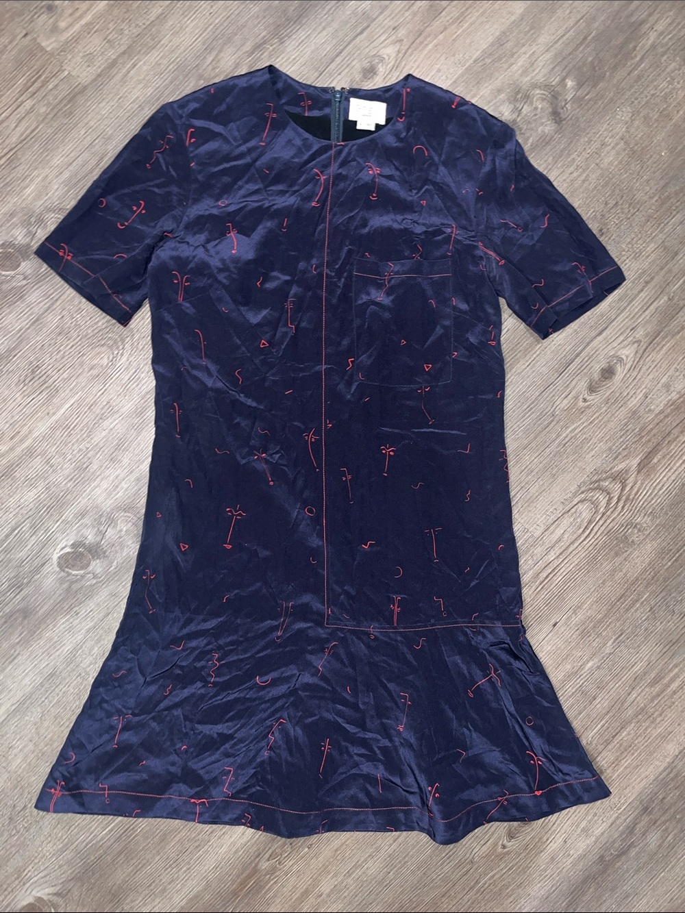 GREY JASON WU Navy Red Abstract Print Short Sleeve Dress